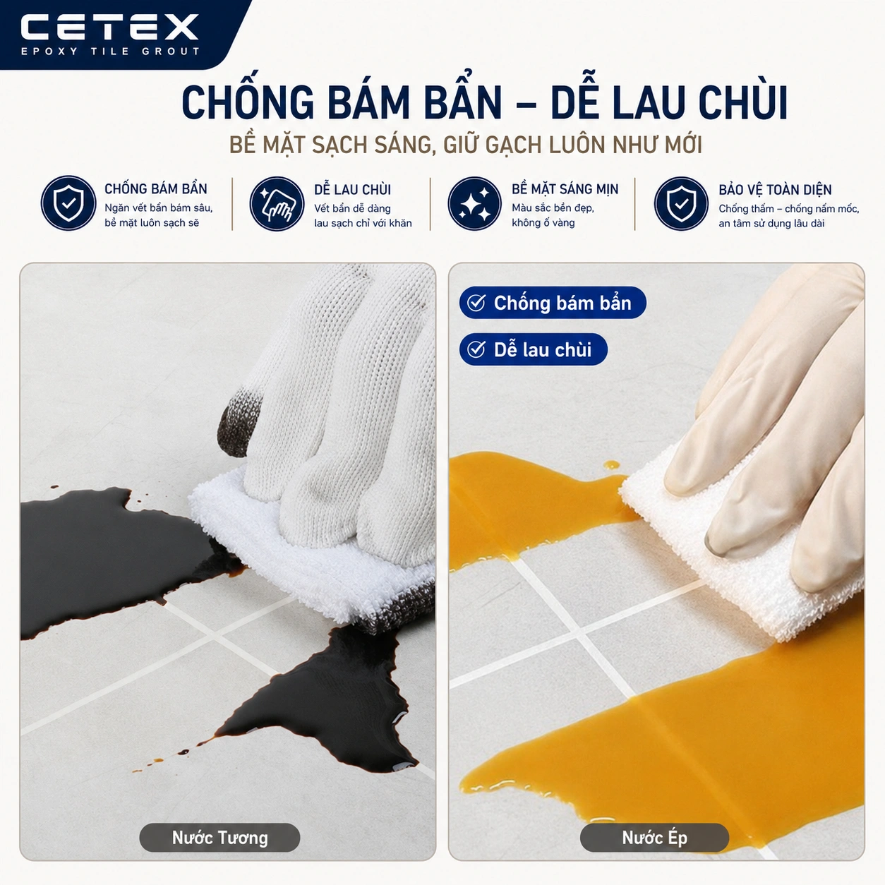 chống thấm , bám bẩn , lau chùi dễ dàng